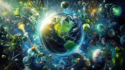 Aufkleber - Earth at the Center of a Futuristic Celestial Network in a Fantasy Sci Fi Setting : Generative AI
