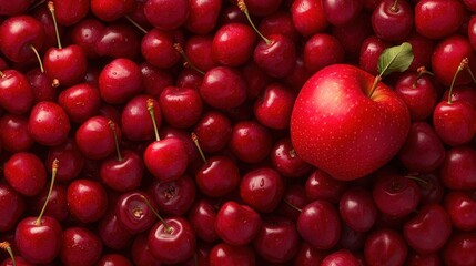 Wall Mural - A red apple sitting on top of a pile of cherries