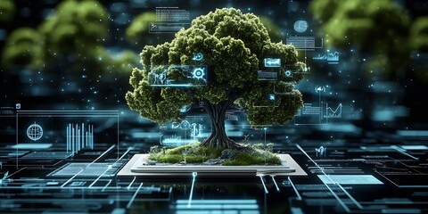 Aufkleber - Advanced technological landscape merging digital data with nature : Generative AI