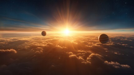 Wall Mural - A view of the sun rising over the clouds with planets in the sky