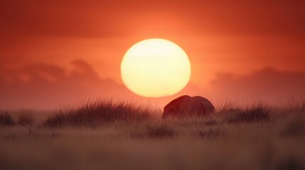 Poster - A lone horse grazing in a grassy field at sunset