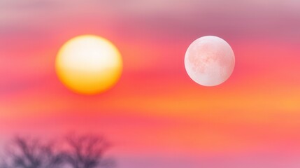Wall Mural - a pink and yellow sunset with a full moon in the sky