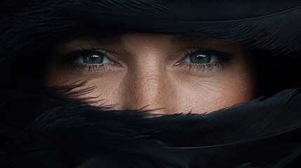 Wall Mural -  A close up of a woman's face with a black feather covering her face