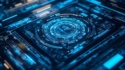 Poster - Advanced Cyber Interface with Blue Neon Circular Digital Design : Generative AI