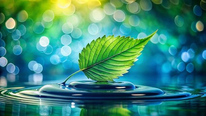 Poster - Long Exposure Water Splash on Leaf, Soft Green Background - Nature Stock Photo