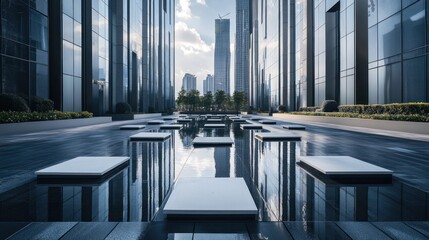 Poster - modern city courtyard with reflecting pool and skyscrapers.