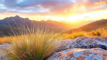 Poster - A grassy hillside with rocks and mountains in the background