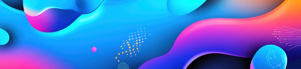 Poster - Abstract vibrant blue, pink, and purple fluid shapes with golden dots.