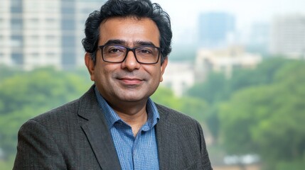 Poster - Portrait of a smiling man in glasses, wearing a blazer, against a blurred city background.