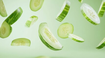 Poster - Fresh green cucumber slices falling on light green background.
