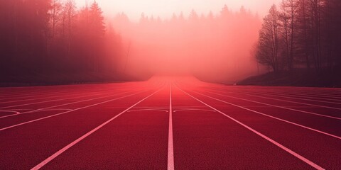 Poster - Red running track disappearing into a foggy forest at dawn.