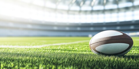 Poster - Rugby ball on a green field in a stadium.