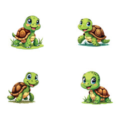 Wall Mural - Animated turtles with various poses and expressions for marine and educational projects