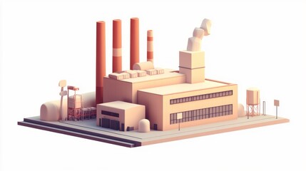 Aufkleber - Low-poly isometric illustration of an industrial factory complex with smokestacks, buildings, and infrastructure.