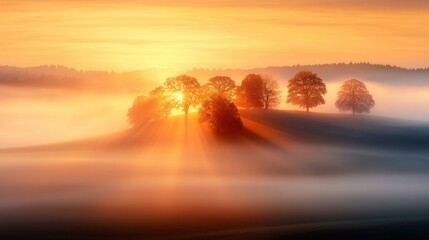 Wall Mural - a foggy landscape with trees in the distance at sunset