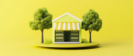 Poster - Small green shop with awning between two trees on yellow background.