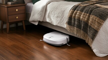 Wall Mural - Robot vacuum cleaner explores under the bed in a sleek bedroom featuring a wooden floor and soft white and gray decor