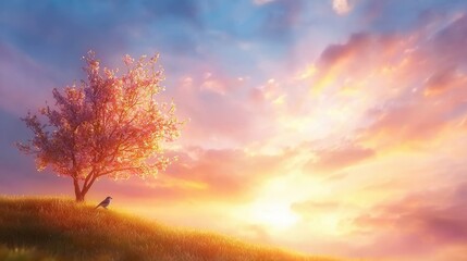 Wall Mural - a lone tree on a grassy hill with a bird sitting on it