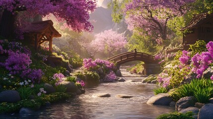 Poster - Serene spring scene wooden bridge over tranquil stream, nestled amongst blossoming cherry trees and vibrant flowers in a mountain valley.