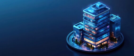 Poster - Night view of illuminated modern skyscraper complex.