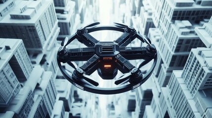 Poster - Futuristic drone flying over a dense, white cityscape.