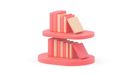 Aufkleber - Two-tiered shelf with stacked books, pastel colors, 3D rendering.