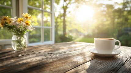 Wall Mural - A cup of coffee sitting on top of a wooden table