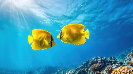 Wall Mural - A couple of yellow fish swimming next to a coral reef