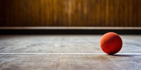 Poster - Single orange ball on wooden floor near wooden wall.