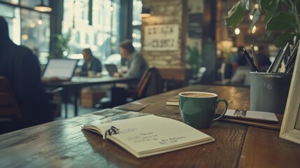 Poster - Cozy cafe interior with a cup of coffee, notebook, and blurred background of people working on laptops.