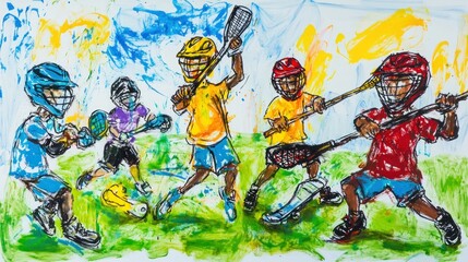 Poster - Five young boys playing lacrosse, vibrant action painting.