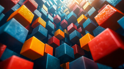 Poster - Vibrant colorful cubes floating in a dynamic, abstract space with a warm and cool contrast, creating a surreal effect