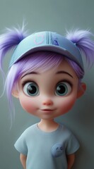 Poster - Adorable 3D rendered cartoon girl with purple hair, wearing a light blue cap and shirt.
