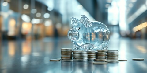 Poster - Transparent piggy bank on stacks of coins in a modern building.