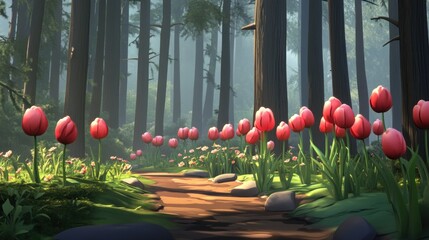 Poster - Sunlit path through a misty forest with red tulips.