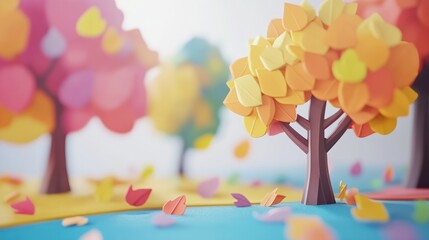 Poster - Colorful papercraft autumn trees and leaves on a blue surface.