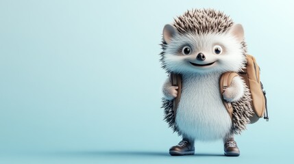 Poster - Cute cartoon hedgehog with backpack ready for school.