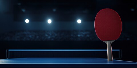 Poster - Table tennis paddle on a table in a dark arena with spotlights.