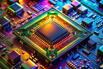 Poster - Macro Close-up of a Graphics Processing Unit Chip's intricate circuitry and components.
