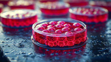 Poster - Petri dishes filled with vibrant bacterial cultures, photographed in high resolution with reflective lighting on a dark surface