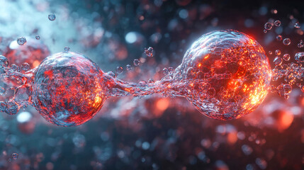 Poster - Two interconnected glowing cells in a photorealistic, vibrant representation of cell division and molecular interaction