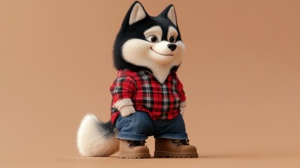 Poster - Cute cartoon husky dog wearing plaid shirt, jeans, and boots against a brown background.