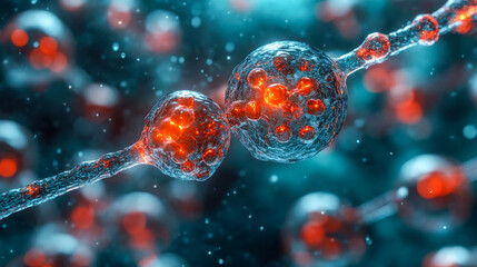 Poster - A network of vibrant red and blue interconnected molecular structures, representing biological processes and connections