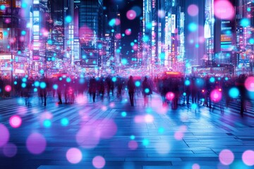 Poster - Vibrant urban night scene with neon signs, blurred silhouettes of people, and dynamic pink and blue bokeh lights. Highlights the energy of a bustling modern city.  
