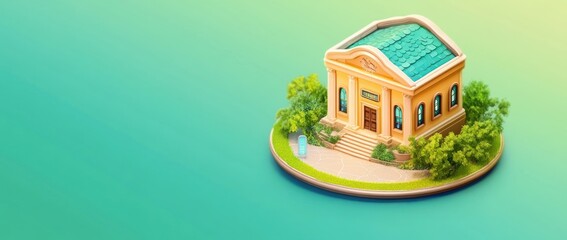 Poster - Isometric illustration of a classical building surrounded by greenery on a pastel green background.