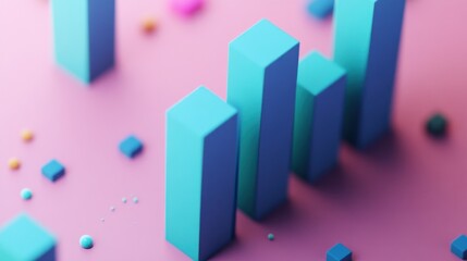 Fototapete - Abstract 3D rendering of colorful geometric shapes, bars, and cubes on pink background.