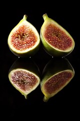 Poster - Two halved figs with reflection on black background.
