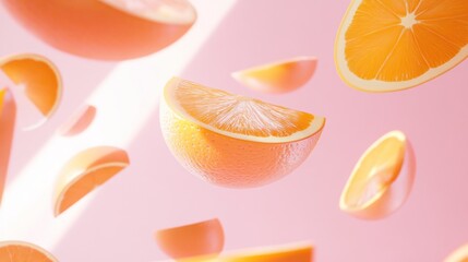 Poster - Floating orange slices on pink background, vibrant citrus fruit segments.