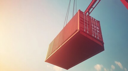 Poster - A red shipping container is lifted by a crane against a bright sky.