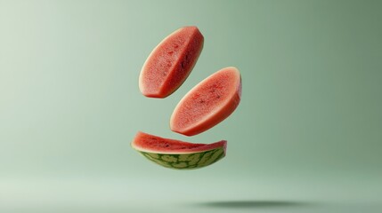 Poster - Three watermelon slices levitate against a pale green backdrop.